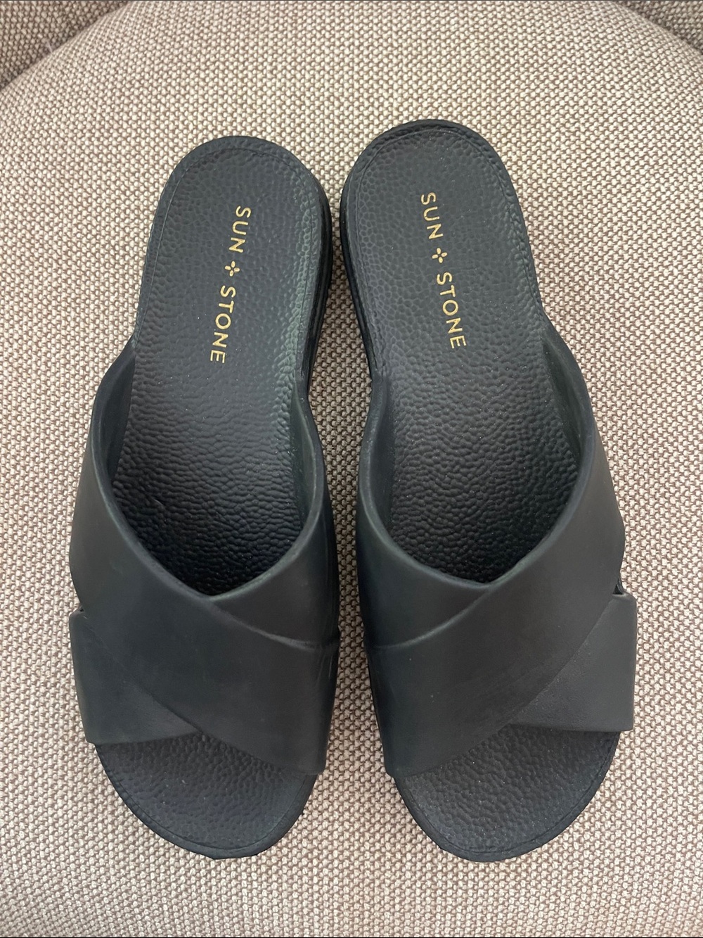 Sun + Stone Black Crossband Slide Sandals